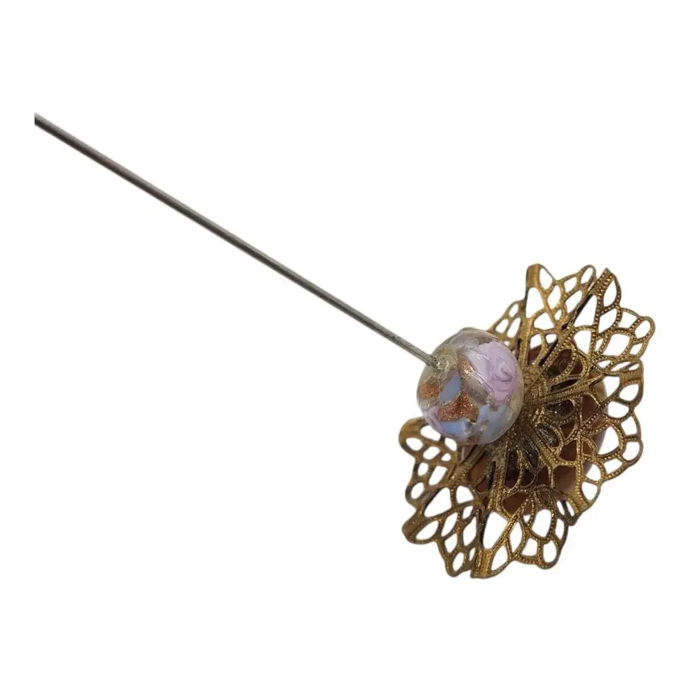 Vintage Lucite Hat Pin Brown Cabochon Filigree Art Glass Bead Long Estate Ornate